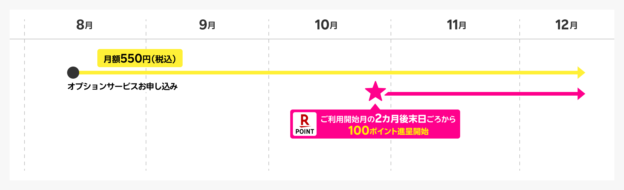 DMMプレミアム 8月 オプションサービスお申し込み 月額550円(税込) 10月 ご利用開始月の2カ月後末日ごろから100ポイント進呈開始
