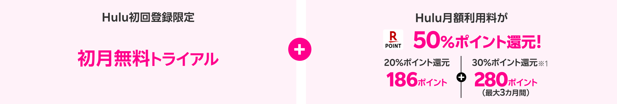 Hulu初回登録限定初月無料トライアル + Hulu月額利用料が50%ポイント還元!20%ポイント還元186ポイント + 30%ポイント還元 280ポイント(最大3カ月間)
