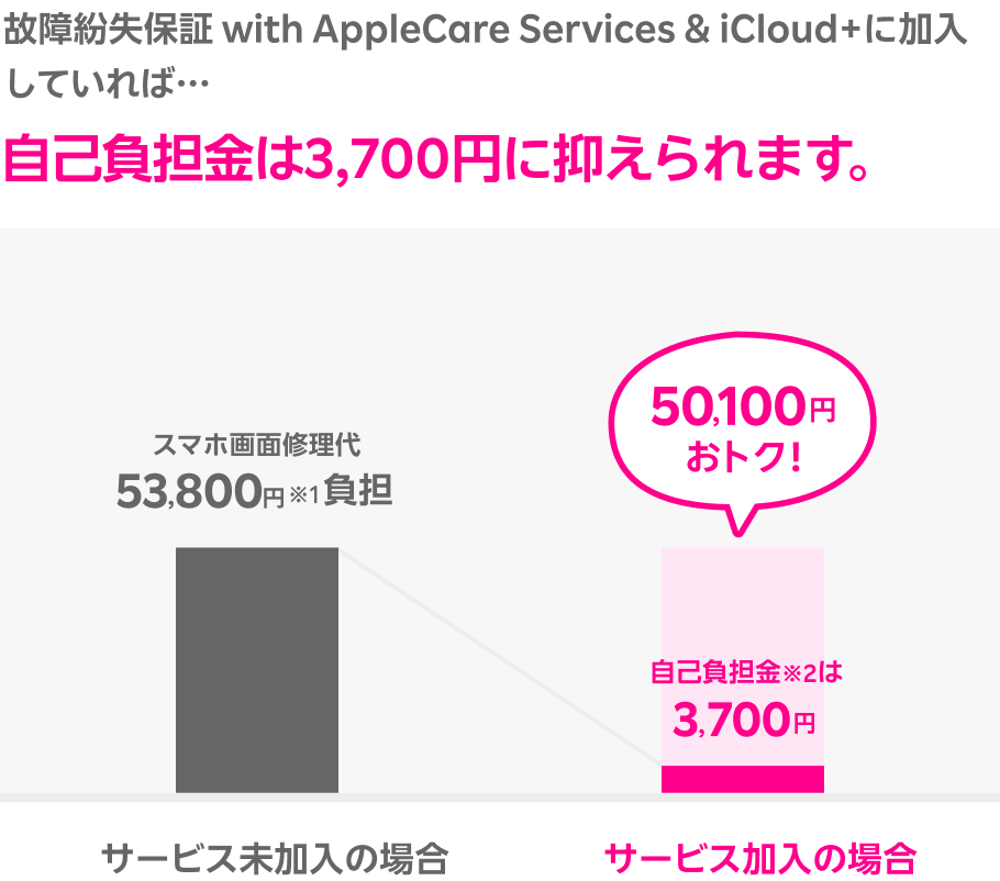 故障紛失保証 with AppleCare Services & iCloud+に加入していれば自己負担金は3,700円に抑えられます。