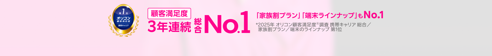 オリコン顧客満足度3年連続総合No.1「家族割プラン」「端末ラインナップ」もNo.1※2025年 オリコン顧客満足度Ⓡ調査携帯キャリア 総合／家族割プラン／端末のラインナップ 第1位