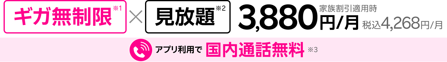 ギガ無制限※1 × 見放題※2 家族割引適用時3,880円/月 税込4,268円/月 アプリ利用で国内通話無料※3 3月1日からポイントバックキャンペーン開始！