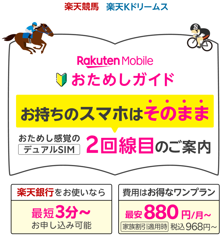 楽天競馬、楽天Kドリームス会員様にこそおすすめ 楽天モバイルおためしガイド お持ちのスマホはそのまま おためし感覚のデュアルSIM 2回線目のご案内 楽天銀行をお使いなら 最短3分〜お申し込み可能 費用はお得なワンプラン 最安 家族割引適用時 880円/月〜 税込968円〜